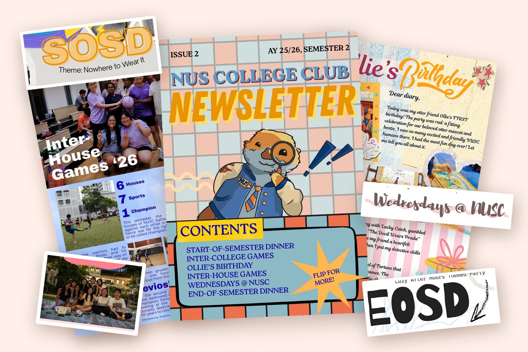Collage of pages from the AY25/26 Semester 2 NUS College Club newsletter